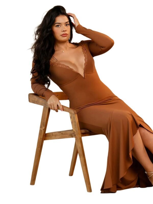 Shapewear Long Sleeve Lace Trim Sculpting Mermaid Maxi Dress
