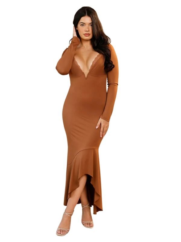 Shapewear Long Sleeve Lace Trim Sculpting Mermaid Maxi Dress - Image 3