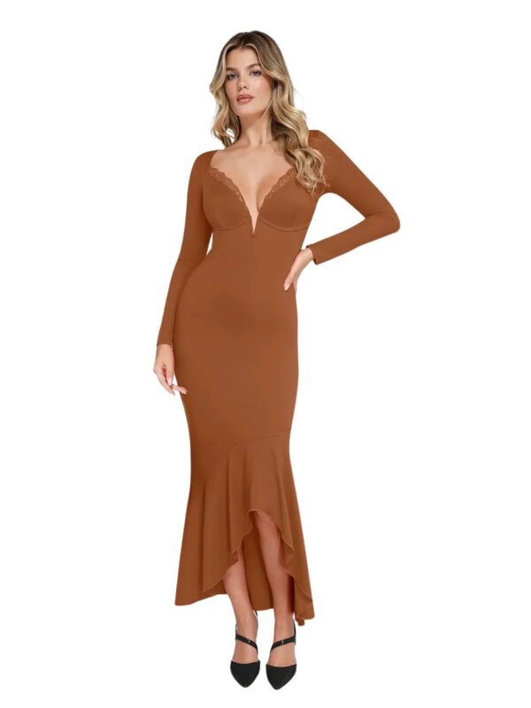 Shapewear Long Sleeve Lace Trim Sculpting Mermaid Maxi Dress - Image 6